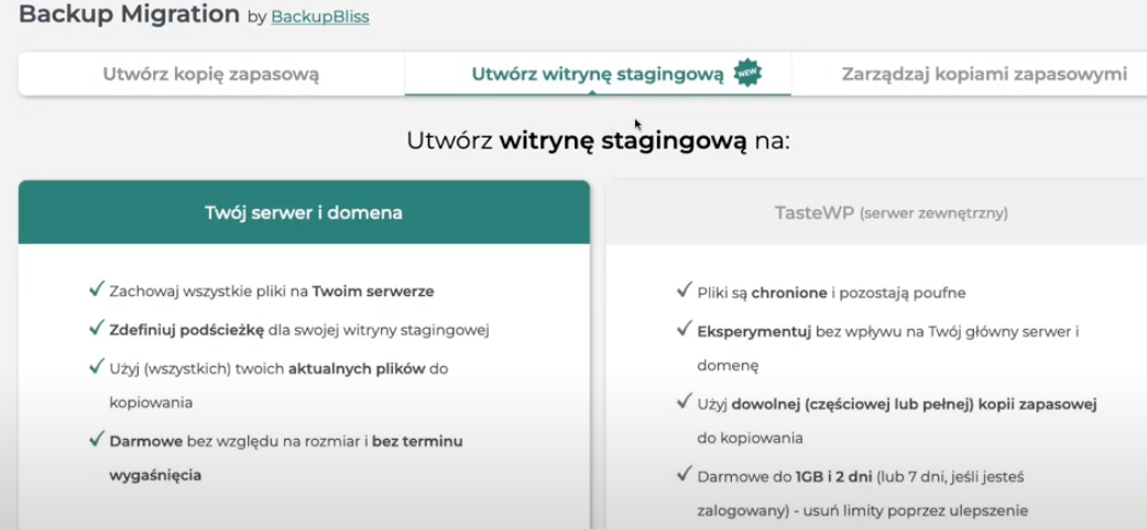 tworzenie wersji stagingowej WordPress - Backup Migration