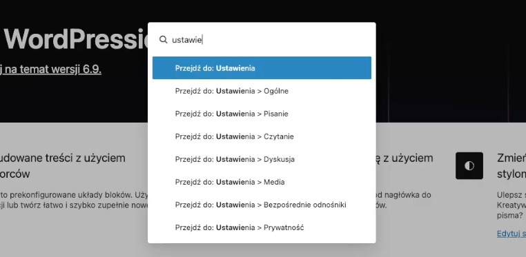 WordPress - paleta poleceń