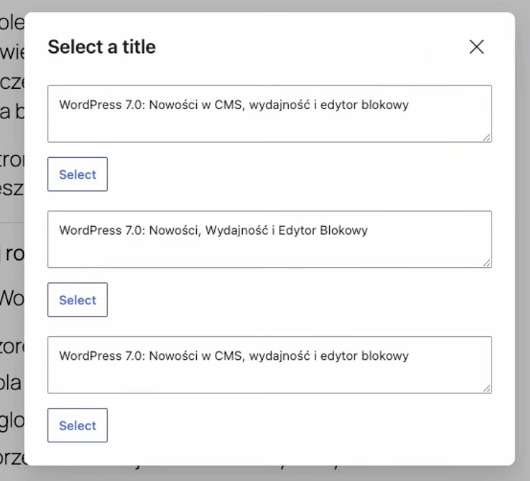 Edytor wpisu z widocznym oknem propozycji tytułów generowanych przez AI